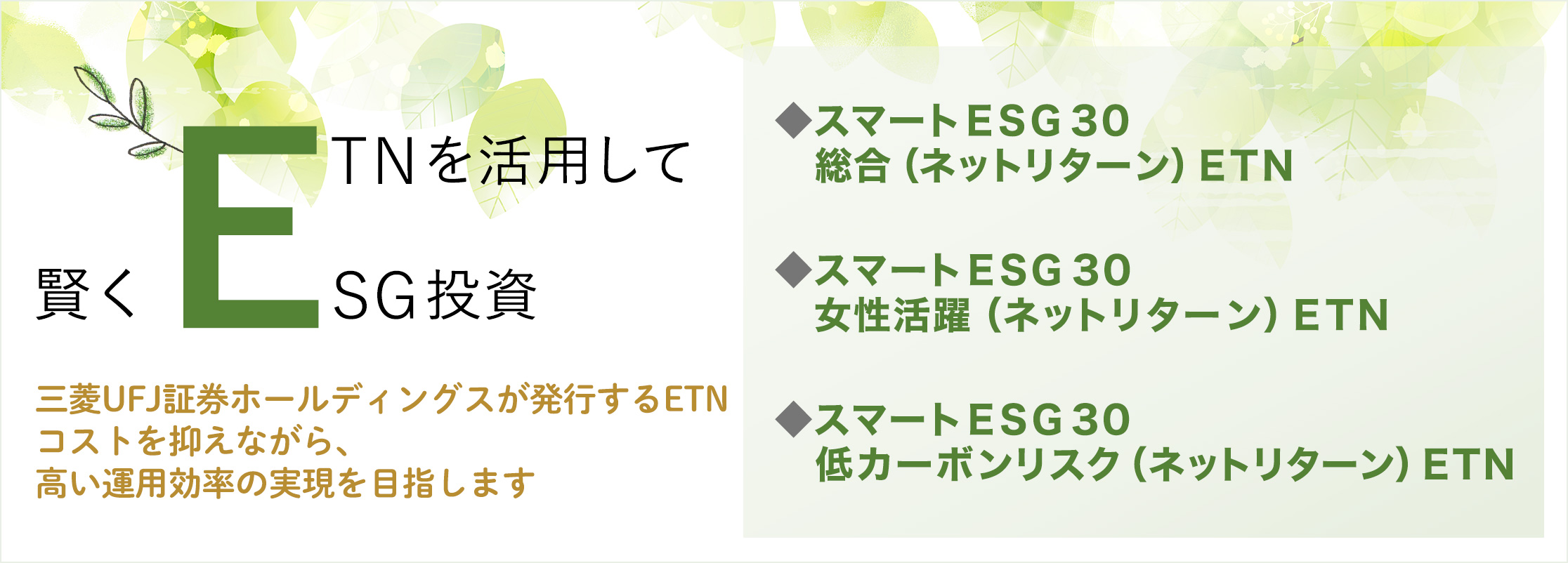 賢くETN・ESG投資を活用して 三菱ＵＦＪ証券ホールディングスが発行するETNコストを抑えながら、高い運用効率の実現を目指します　◆スマートESG30総合（ネットリターン）ETN ◆スマートESG30女性活躍（ネットリターン）ETN ◆スマートESG30低カーボンリスク（ネットリターン）ETN