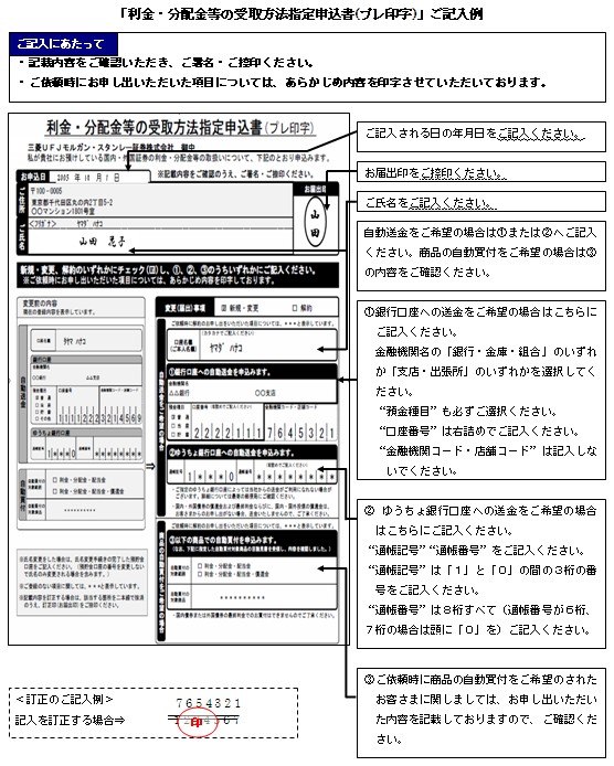 利金・分配金等の受取方法指定申込書の記入例